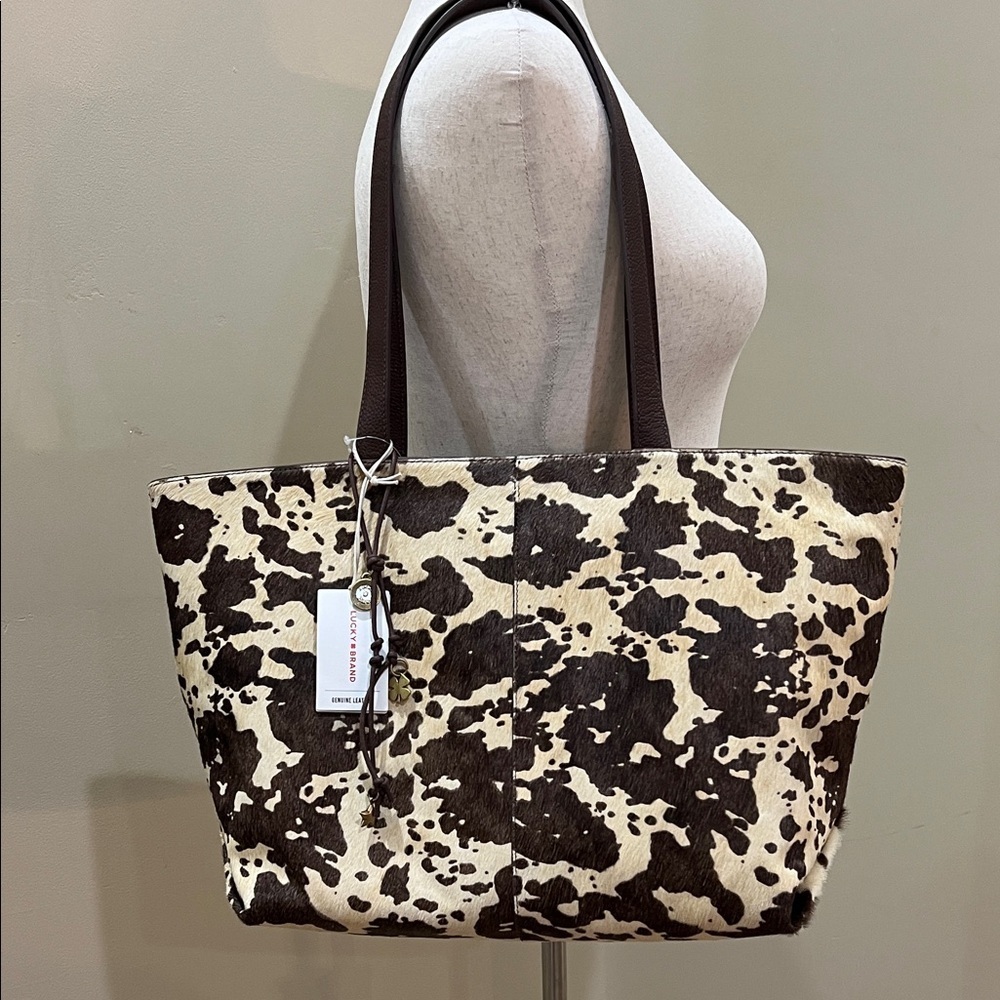 Lucky Brand | Genuine Leather & Calf Hair Tote in “Dark Cappuccino” w/Bag Charms - Picture 1 of 16